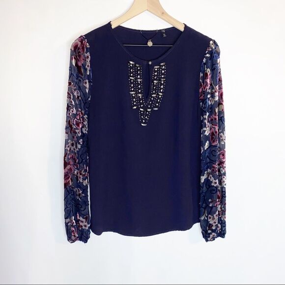 BKE Boutique Navy Blue Burnout Velvet Blouse XS - Picture 2 of 9